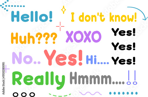 手書き風の可愛い英語メッセージ素材セット カラフルなタイポグラフィとポジティブな単語の詰め合わせ SNS投稿やYouTubeテロップに最適なポップで親しみやすい装飾デザイン集