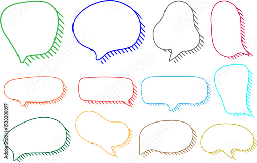 手書きの影付き吹き出しセット、斜線ハッチングの立体的なコメント枠、カラフルなペン画風ラインのセリフフレーム、ベクターイラスト素材、ポップでダイナミックな会話アイコン