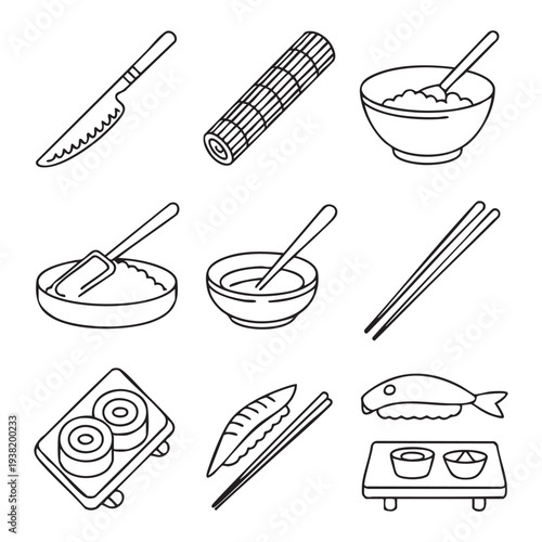 Black and white of sushi preparation tools and ingredients knife bamboo mat rice