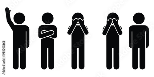 Five Silhouette Figures Showing Different Poses And Emotions On White Background people icons