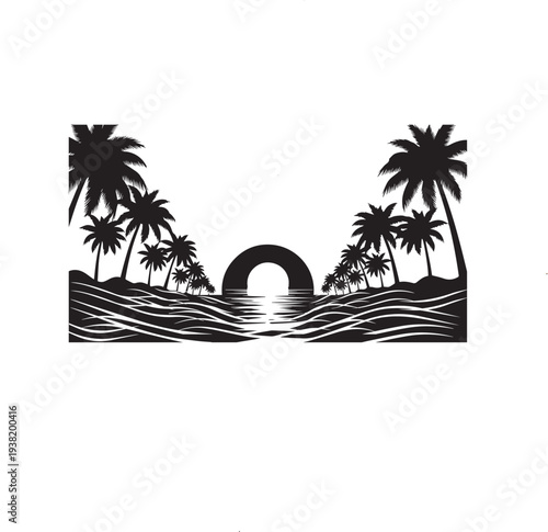 plum tree with river and sun vector illustration 