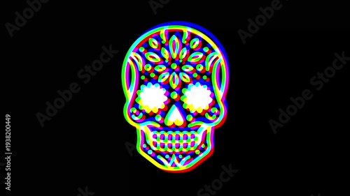 Intricately detailed sugar skull with ornate floral patterns and a small cross on the forehead, featuring a vibrant digital glitch effect on a solid black background.