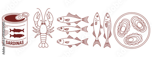 Adobe Imediterranean italian fish sardines lobster hand drawn illustrations, seafood sketches for culinary design packaging menus and restaurant decor, decorative emblem for rank titllustrator Artwork