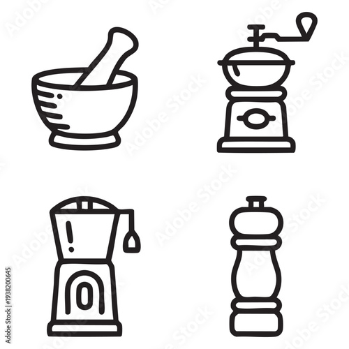 Four black and white kitchen tools including mortar and pestle, coffee grinder, blender, and pepper mill