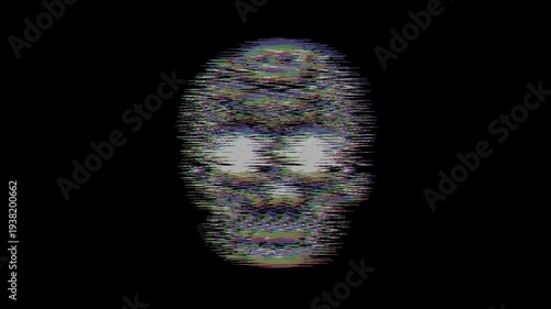 Intricately detailed sugar skull with ornate floral patterns and a small cross on the forehead, featuring a vibrant digital glitch effect on a solid black background.