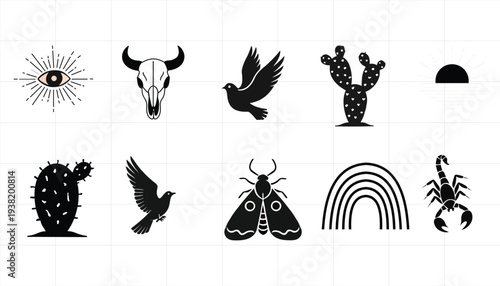 Boho Desert Western Icon Set with Cactus Skull Bird Moth Rainbow Scorpion Vector Collection