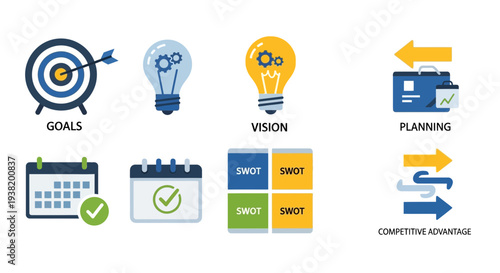 Business Strategy Icons: Goals, Vision, Planning, SWOT, Competitive Advantage