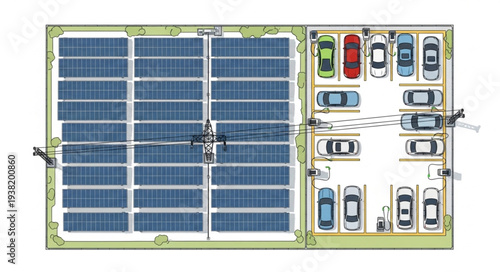 Aerial View of Solar Panel Farm and Parking Lot.