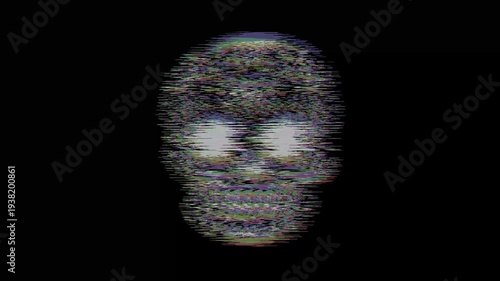 Intricately detailed sugar skull with ornate floral patterns and a small cross on the forehead, featuring a vibrant digital glitch effect on a solid black background.