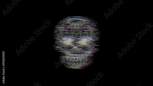 Intricately detailed sugar skull with ornate floral patterns and a small cross on the forehead, featuring a vibrant digital glitch effect on a solid black background.