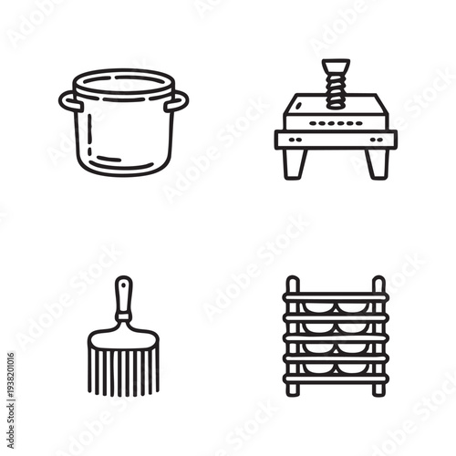 Four black and white kitchen utensils and appliances cooking pot whisk bottle rack