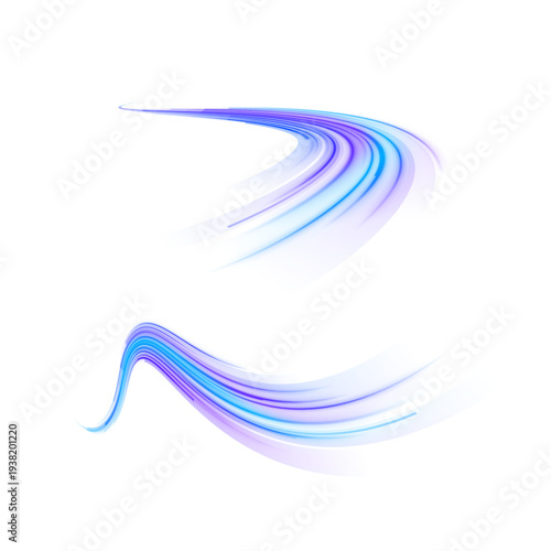 Glowing blue waves ripple across space. Neon motion trails create flowing energy curves. Abstract technology background full of speed and light.