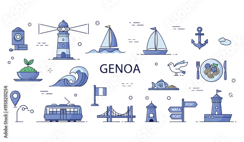 Genoa icons: lighthouse, sailboats, pasta, wave, anchor, bridge