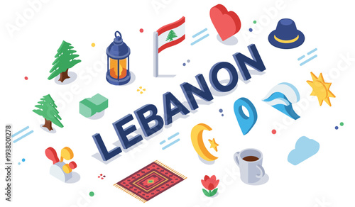Lebanon icons: cultural symbols and traditional elements in isometric design