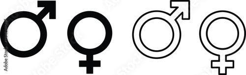 Male and female gender symbols in solid and outline styles vector illustration