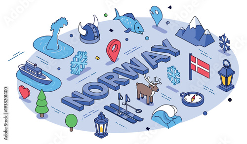 Norway icons illustrating landmarks culture and nature in a stylized design