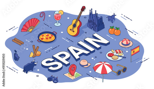 Colorful illustration of spanish culture with iconic symbols and landmarks