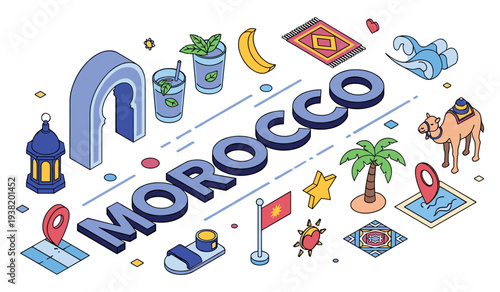 Colorful moroccan elements with architecture, camel, palm, and traditional symbols