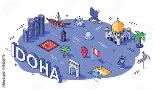 Doha landmarks and cultural icons with islamic architecture and traditional symbols