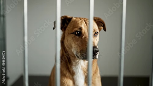 A dog stands behind bars in a kennel, viewed from outside the enclosure, showcasing its sad expression and brown coat.