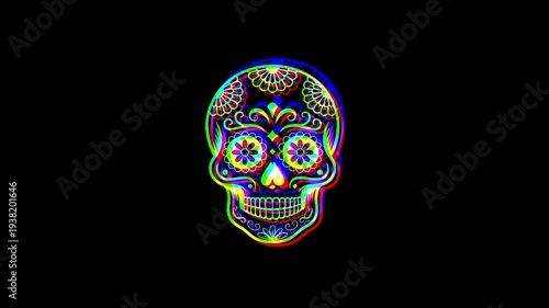 Intricately detailed sugar skull with ornate floral patterns and a small cross on the forehead, featuring a vibrant digital glitch effect on a solid black background.