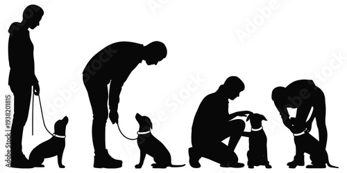 Male silhouettes interacting with dogs showing training and affection on white background Keywords: dog training, dog obedience