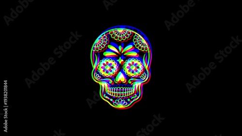 Intricately detailed sugar skull with ornate floral patterns and a small cross on the forehead, featuring a vibrant digital glitch effect on a solid black background.