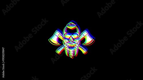 Animated bearded viking skull with a stylish haircut, flanked by two crossed battle axes, featuring a heavy digital glitch effect and RGB shifts on a black background.