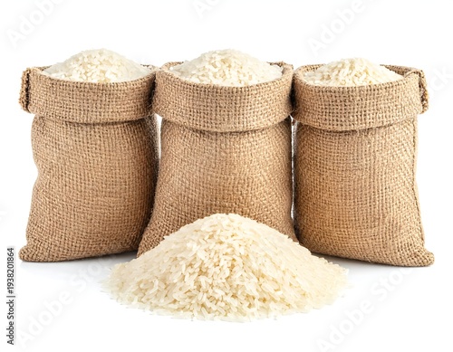 Three burlap sacks overflow with white rice, with a mound of rice in front, all isolated against a white background