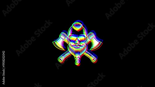 Animated bearded viking skull with a stylish haircut, flanked by two crossed battle axes, featuring a heavy digital glitch effect and RGB shifts on a black background.