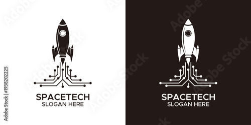 Dynamic logo design featuring a launching rocket with circuit board pathways, symbolizing rapid technological advancement and digital innovation in space and technology
