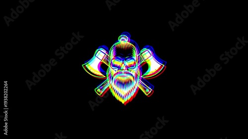 Animated bearded viking skull with a stylish haircut, flanked by two crossed battle axes, featuring a heavy digital glitch effect and RGB shifts on a black background.