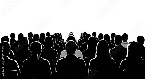 Silhouetted crowd of people facing away.