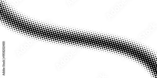 Black halftone dot wave pattern. Abstract grain fluid texture. Dotted curve wallpaper. Grit undulate swoosh overlay for poster, banner, brochure, flyer, leaflet, brochure. Vector rasterized background
