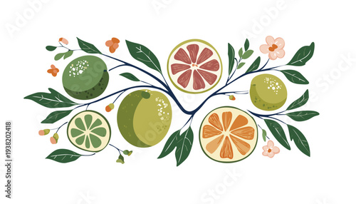 Stylized lemon illustration kitchen decor border, Modern rustic citrus botanical border design, farmhouse style orange grapefruit foliage design, vine arrangement with yellow fruits and green leaves