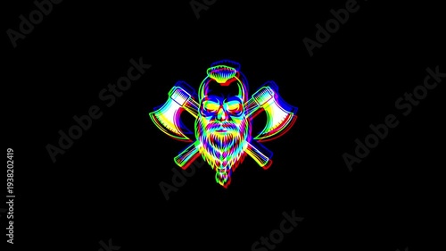 Animated bearded viking skull with a stylish haircut, flanked by two crossed battle axes, featuring a heavy digital glitch effect and RGB shifts on a black background.