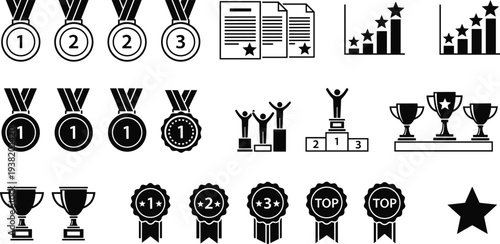 Set of achievement reward icons featuring gold medals trophies winner podiums star ratings and success certificates for business competition sports.