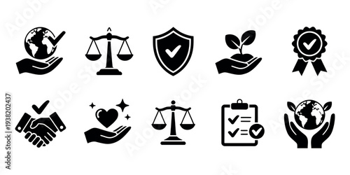Business Ethics Solid Icon Set Featuring Corporate Responsibility Legal Compliance Integrity Transparency Trust Leadership Governance Professional Standards Vector Symbols