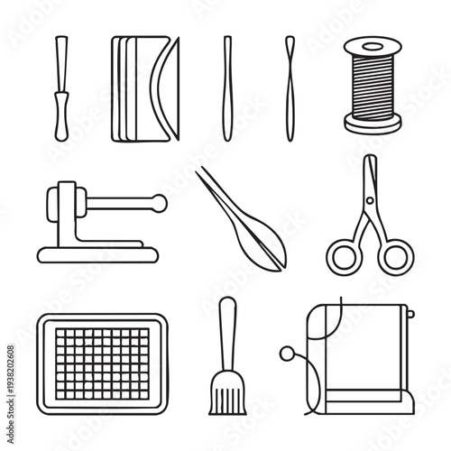 Set of nine black and white line of sewing and kitchen tools line sewing needle