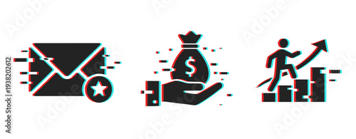 Envelope payment and business growth icons on white background. Glitch effect