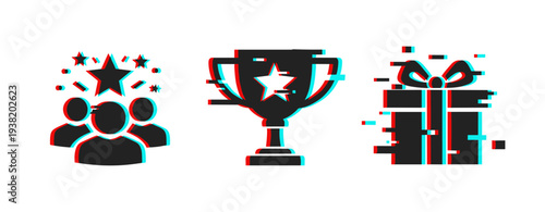Group icons with trophy and gift featuring star on white background. Glitch effect