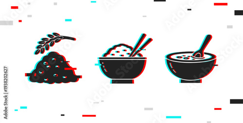 Grain rice and porridge icons illustrating cereal food on white. Glitch effect