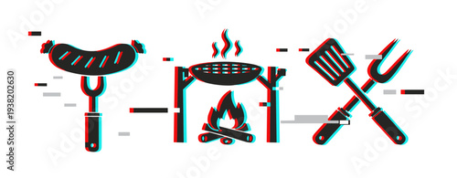 Sausage and grill tools cooking over campfire outdoor barbecue. Glitch effect