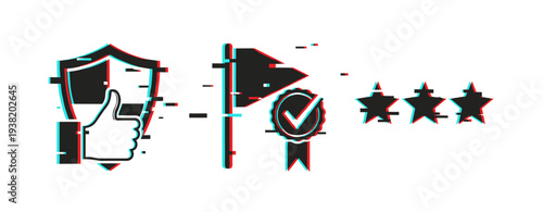 Quality assurance symbols indicating approval and rating. Glitch effect