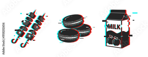 Skewers macarons milk carton presented with glitch on white background. Glitch effect