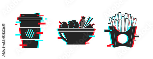 Food icons displayed on white background with glitch effect. Glitch effect