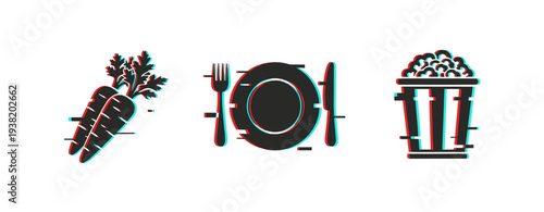 Carrot plate and snack bucket icons representing meal options. Glitch effect