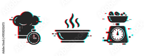 Cooking icons showing timer, steaming bowl, and kitchen scale. Glitch effect