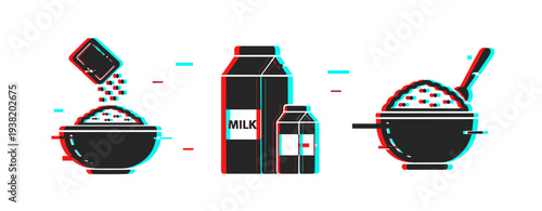 Cereal bowl pouring and milk cartons breakfast icons on white. Glitch effect