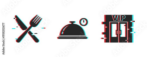 Dining cloche utensils and vip entrance icons with glitch. Glitch effect
